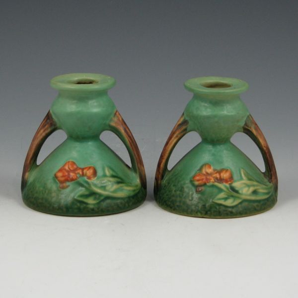 Appraisal: Pair of green Roseville Bittersweet candleholders Marked Roseville USA -