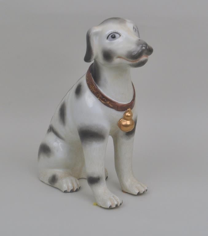 Appraisal: Asian Porcelain Seated Dog with gilt bell on collar Glue