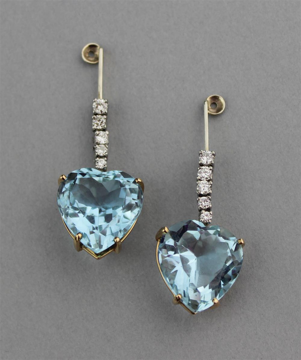 Appraisal: AQUAMARINE AND DIAMOND DROP EARRING JACKETS SET IN K YELLOW