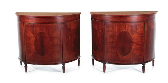 Appraisal: Pair inlaid mahogany demilune cabinets crossbanded top with fan medallion