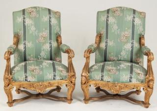 Appraisal: IMPORTANT PAIR OF FRENCH REGENCY GOLD LEAF ARMCHAIRS WITH HEAVILY