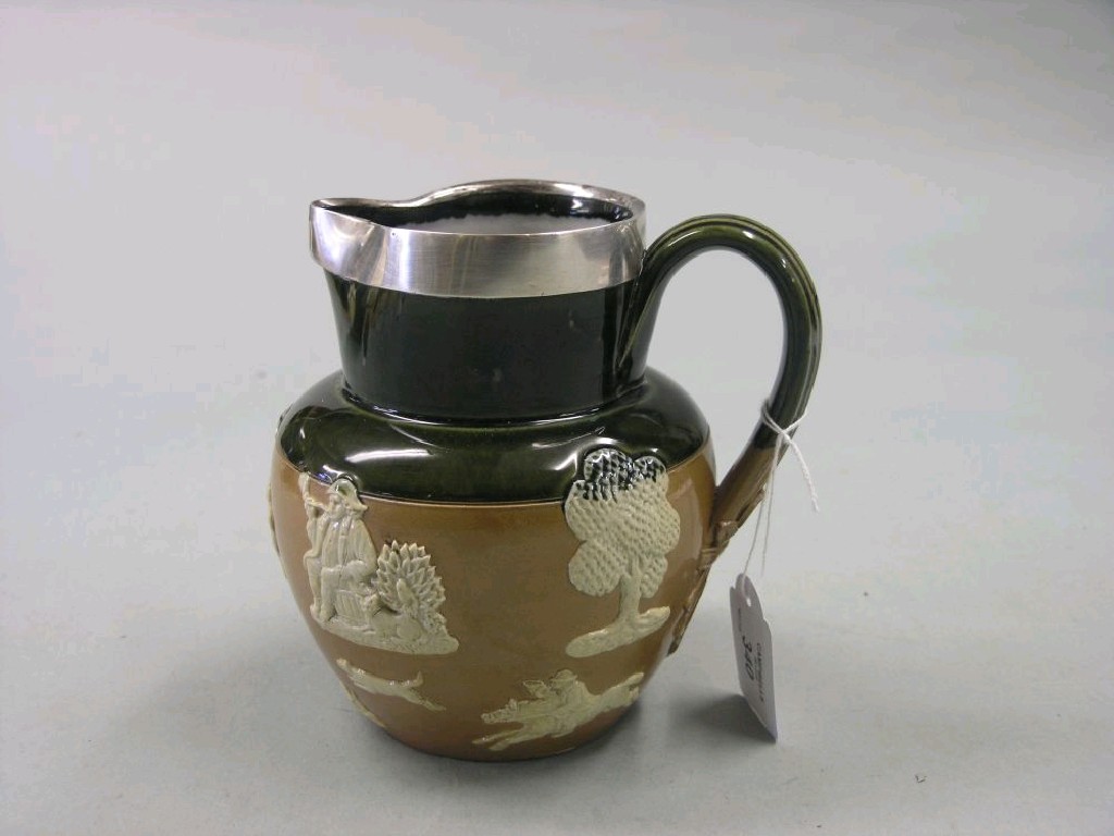 Appraisal: A Royal Doulton harvest jug with applied reliefs and silver