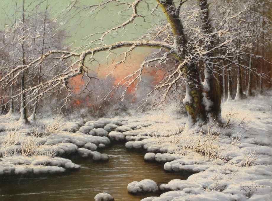 Appraisal: NEOGRADY Laszlo Hungarian - Peaceful Snow-Covered Landscape with Stream Oil