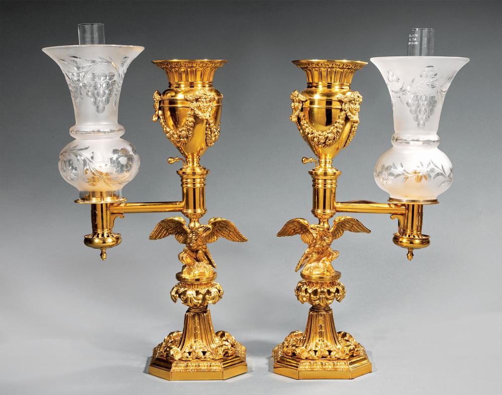 Appraisal: Pair of English Gilt Bronze Single-Arm Argand Lamps c marked