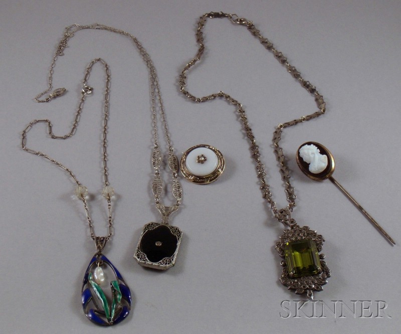 Appraisal: Two Art Deco Style Pendant Necklaces an Art Nouveau Silver