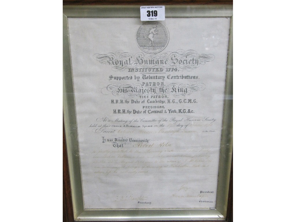 Appraisal: Royal Humane Society framed certificate