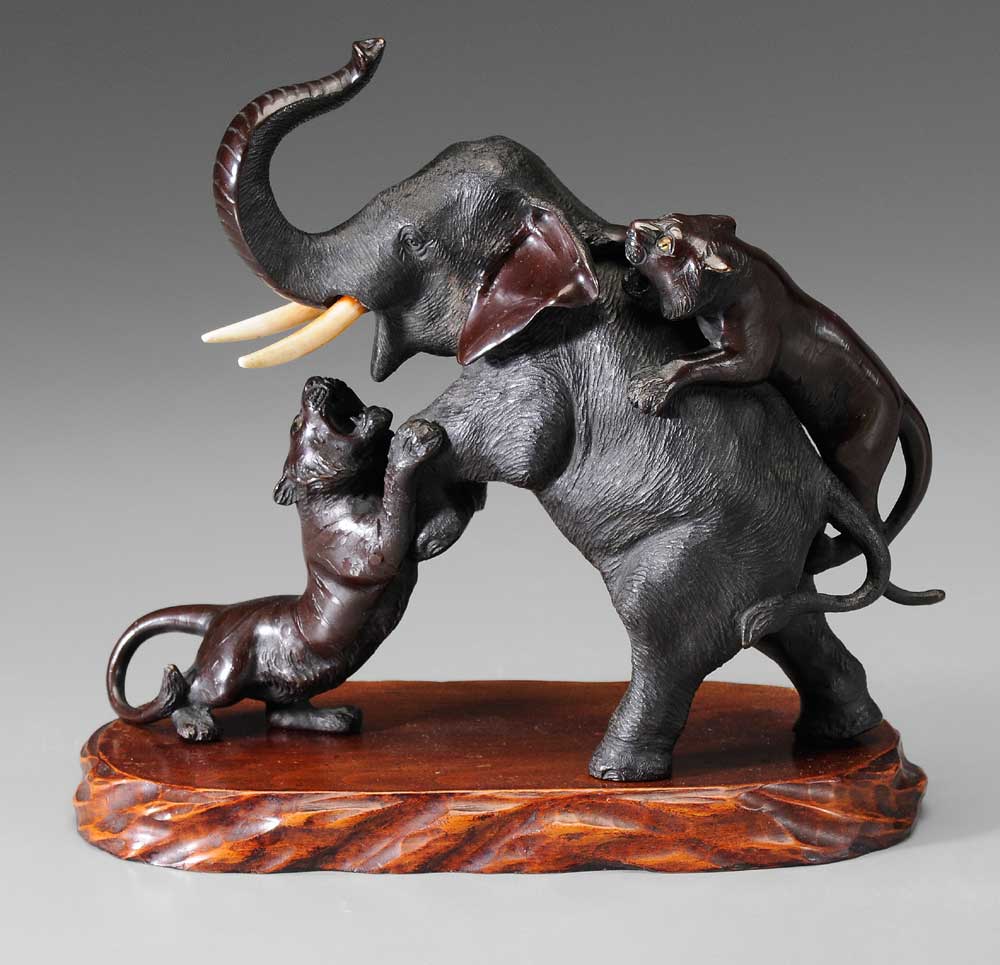 Appraisal: Bronze Elephant and Tiger Group Japanese late th early th