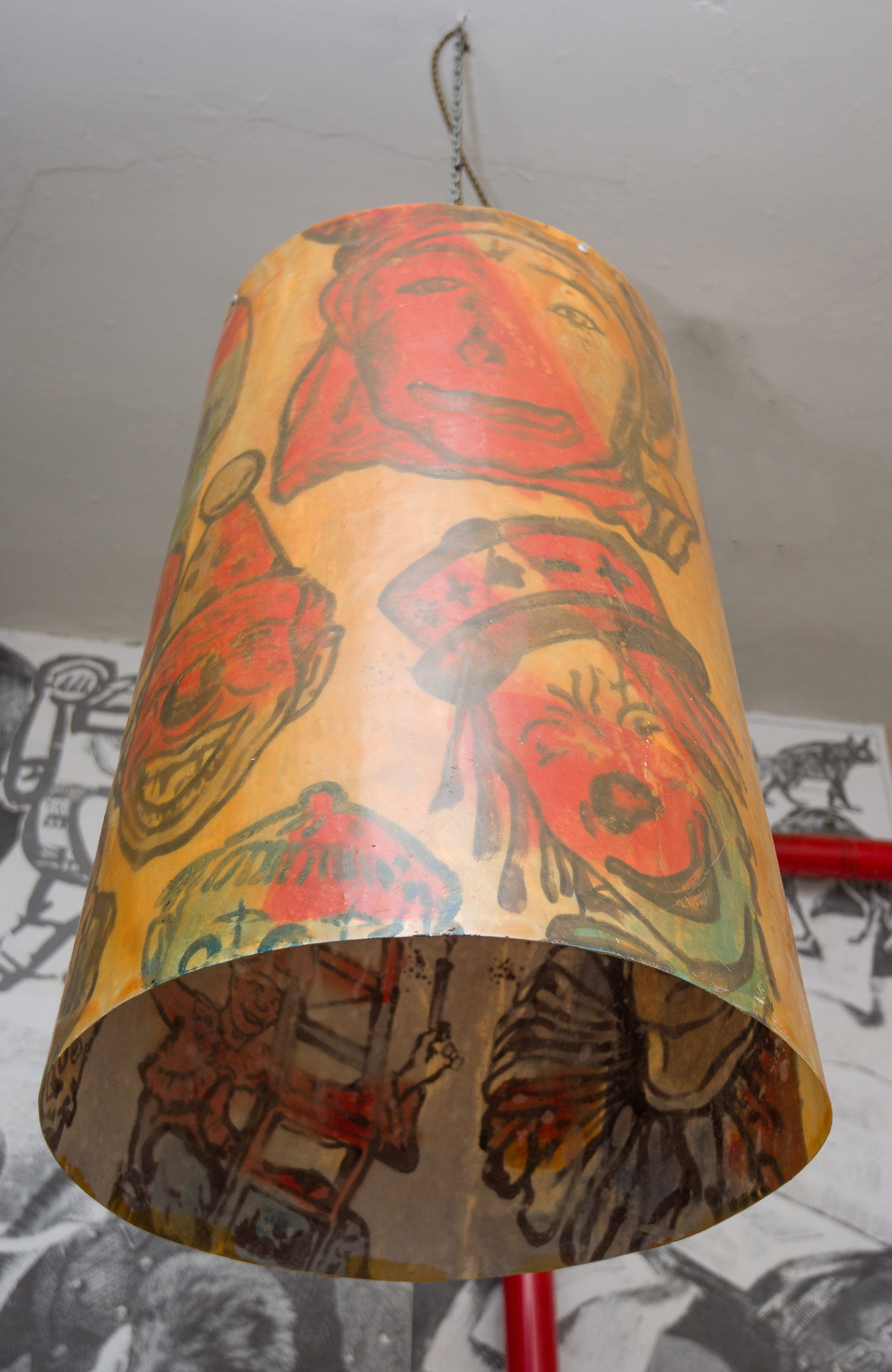 Appraisal: A DAVID BROMLEY FIBREGLASS LIGHTSHADE WITH HAND PAINTED CLOWN MOTIFS