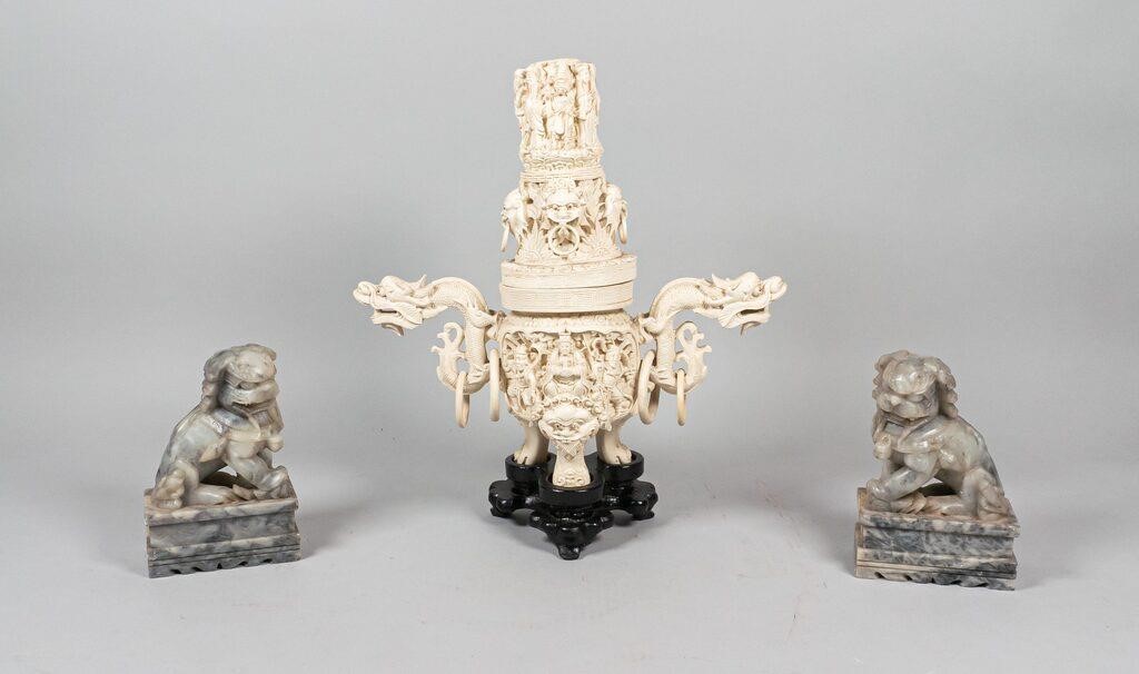 Appraisal: Chinese carved resin tripod censer Missing ring on lid hardstone