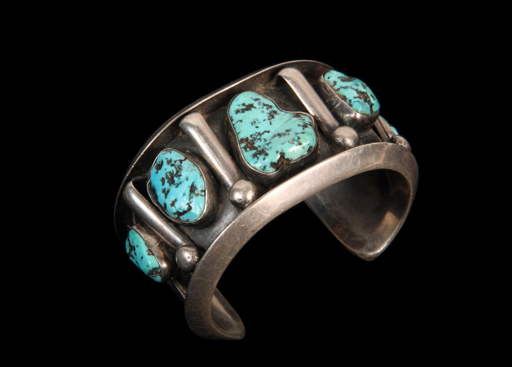 Appraisal: BRACELET - Native American Heavy Silver and Turquoise Cuff Bracelet