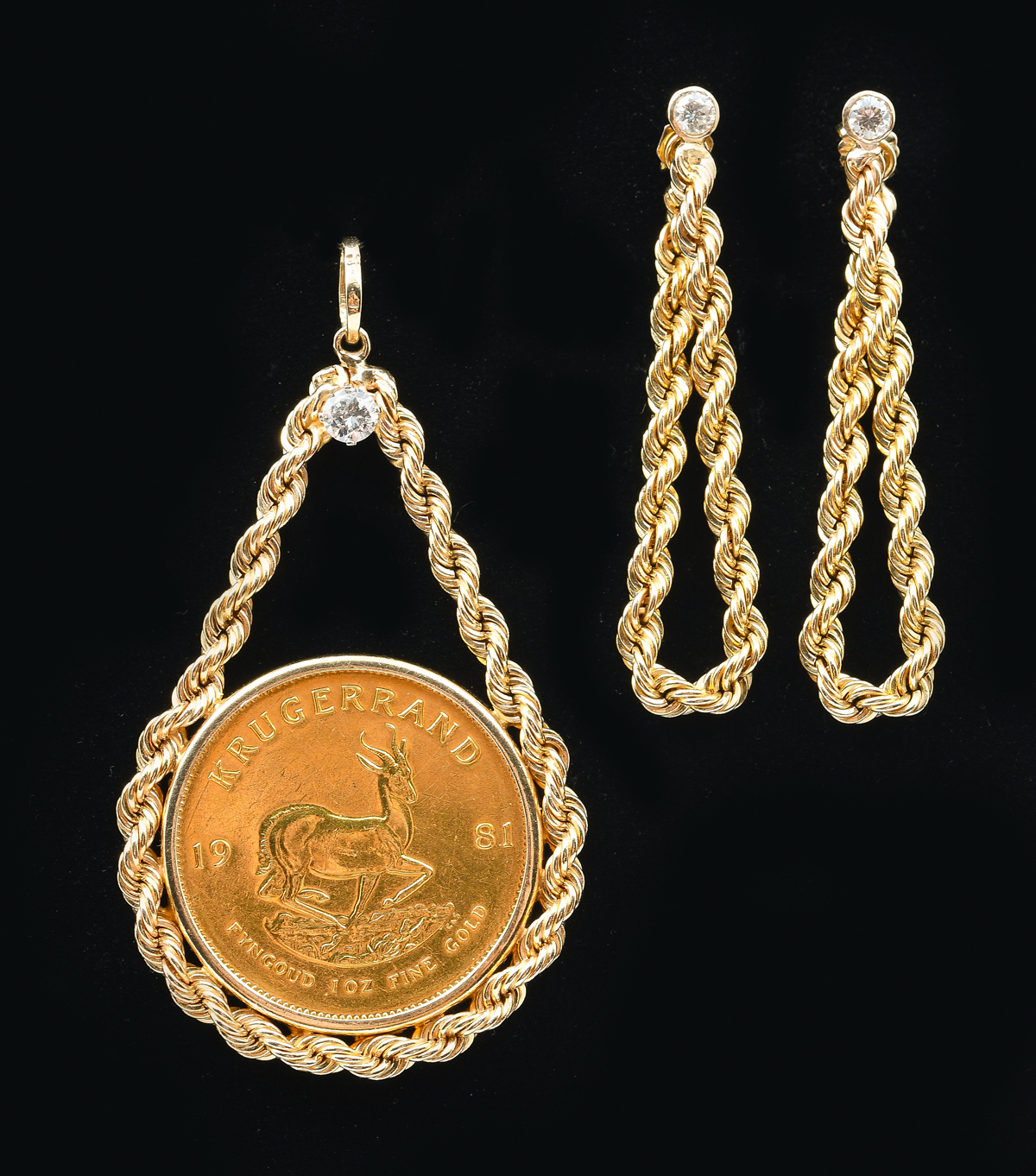 Appraisal: CUSTOM KRUGERRAND PENDANT EARRINGS W DIAMONDS Approx Grams Total weight