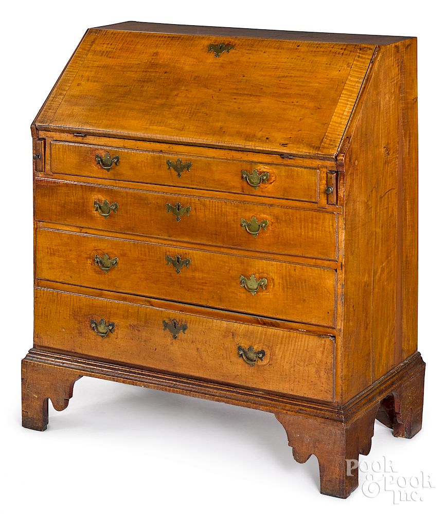 Appraisal: Chippendale tiger maple slant front desk New England Chippendale tiger