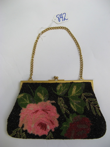 Appraisal: FRENCH BEADED EVENING PURSE rose and deep red floral with