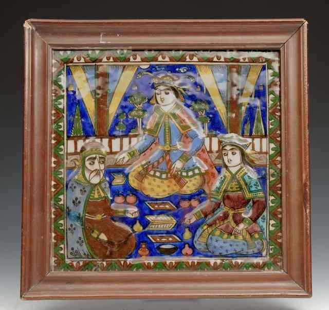 Appraisal: A PERSIAN POLYCHROME TIN GLAZED TILE depicting three courtly figures