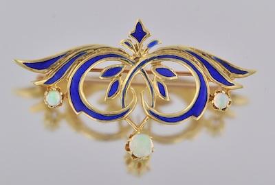 Appraisal: An Art Nouveau-Inspired Enamel and White Opal Brooch k yellow