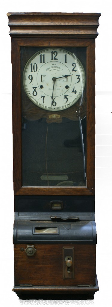 Appraisal: Oak United Time Recorder Clock hanging model steel fittings high