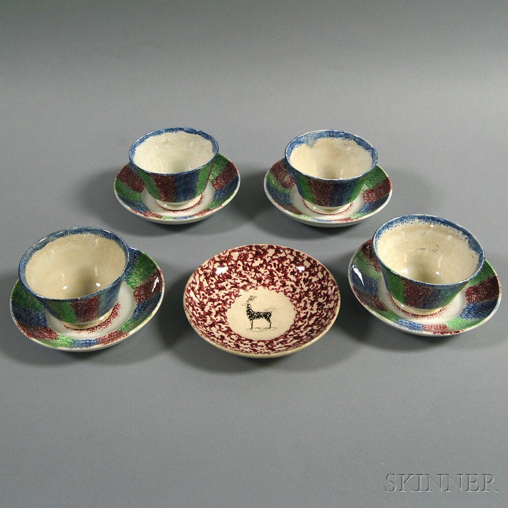 Appraisal: Nine Spatterware Cups and Saucers th century a set of