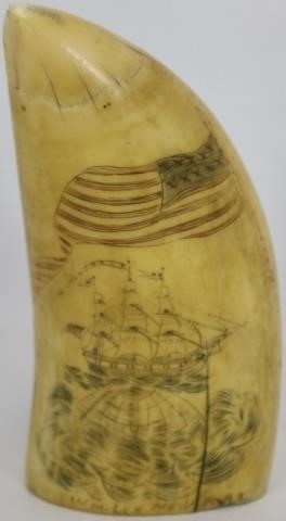 Appraisal: TH C SCRIMSHAW POLYCHROME WHALE'S TOOTHDEPICTING AN AMERICAN SHIP WITH