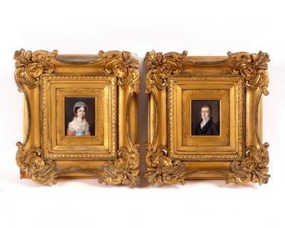 Appraisal: Regency School Portrait Miniatures of John and Martha Moor half-length