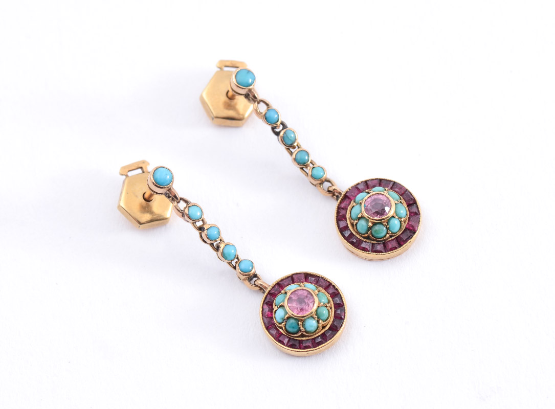 Appraisal: FRENCH K ARTS CRAFTS TURQUOISE RUBY EARRINGS K yellow gold