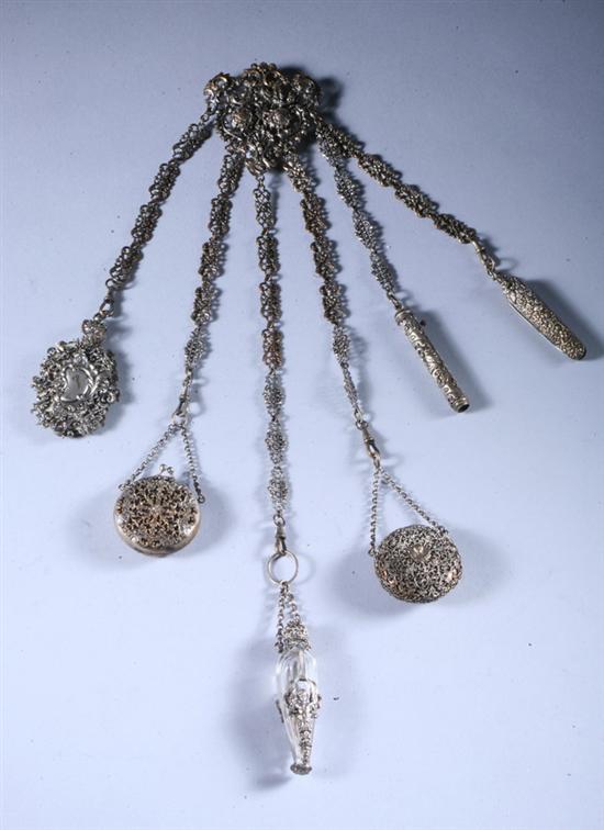 Appraisal: ORNATE VICTORIAN SILVER PLATED CHATELAINE last quarter th century In