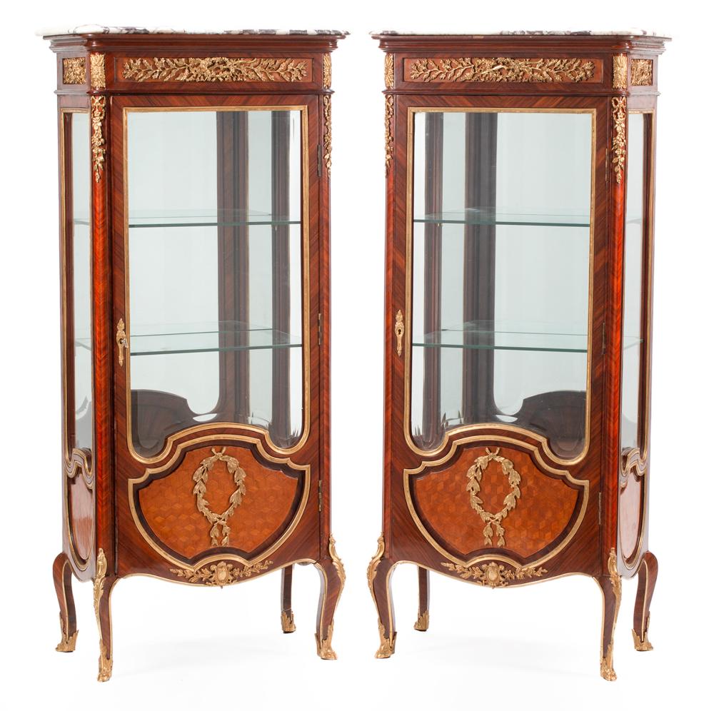 Appraisal: Pair of Louis XVI-Style Bronze-Mounted Kingwood and Marquetry Vitrine Cabinets