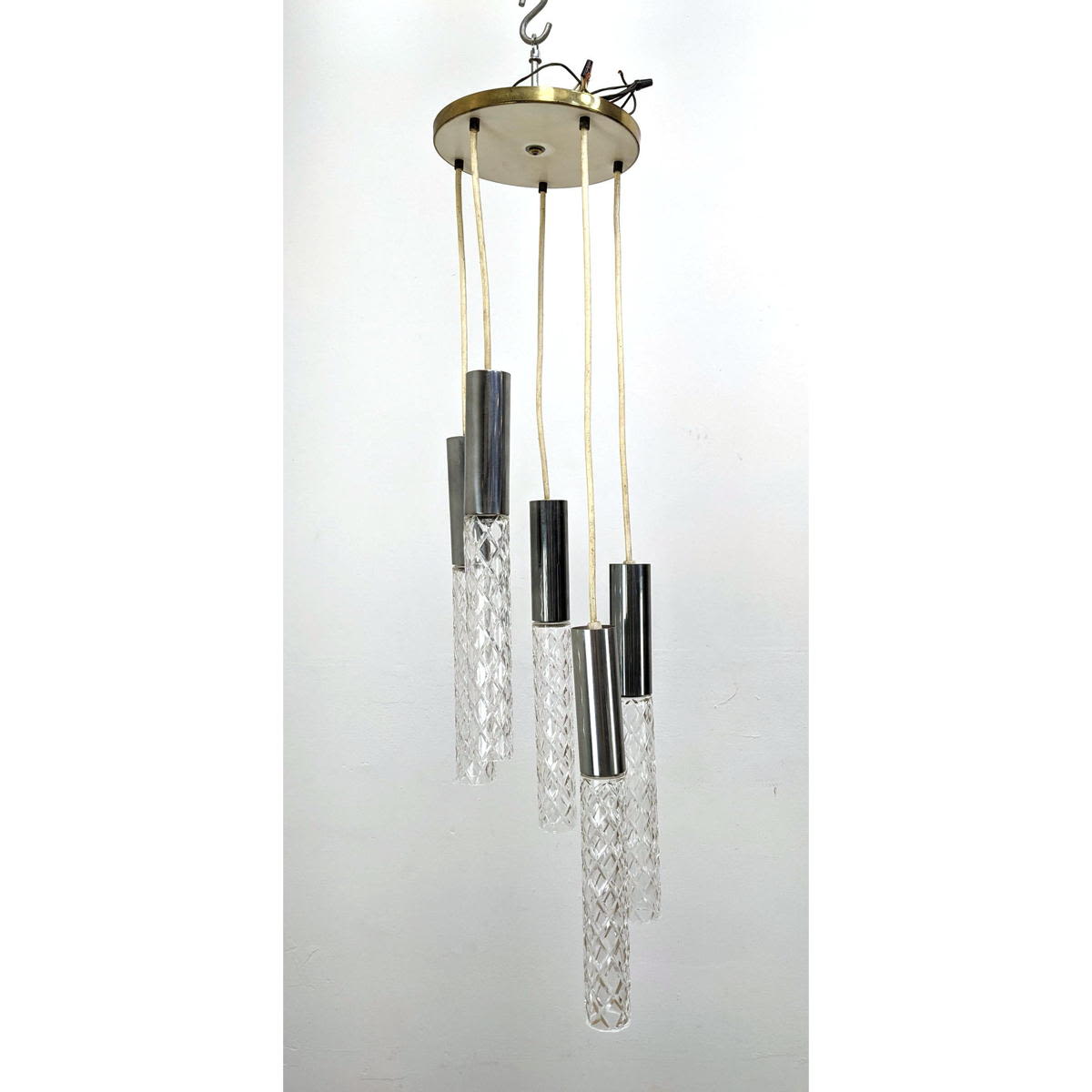 Appraisal: Mid Century Modern Drop Chandelier Lamp Chrome and Glass Dimensions