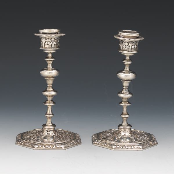 Appraisal: VICTOR PAILLARD SILVERED BRONZE CANDLESTICKS x Pair of silvered bronze