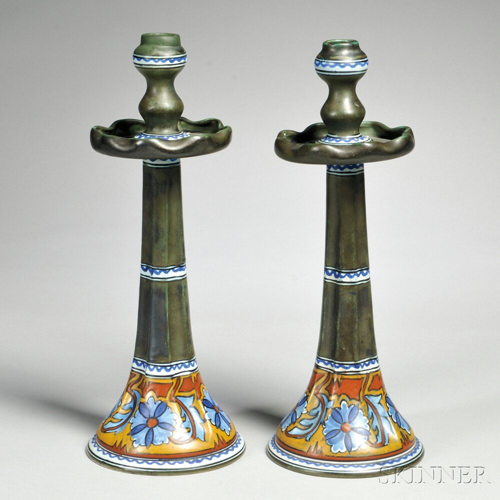 Appraisal: Pair of Gouda Matte Glaze Anjer Art Pottery Candlesticks Holland