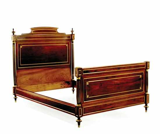 Appraisal: Louis XVI style brass-inlaid mahogany bed late th century turned