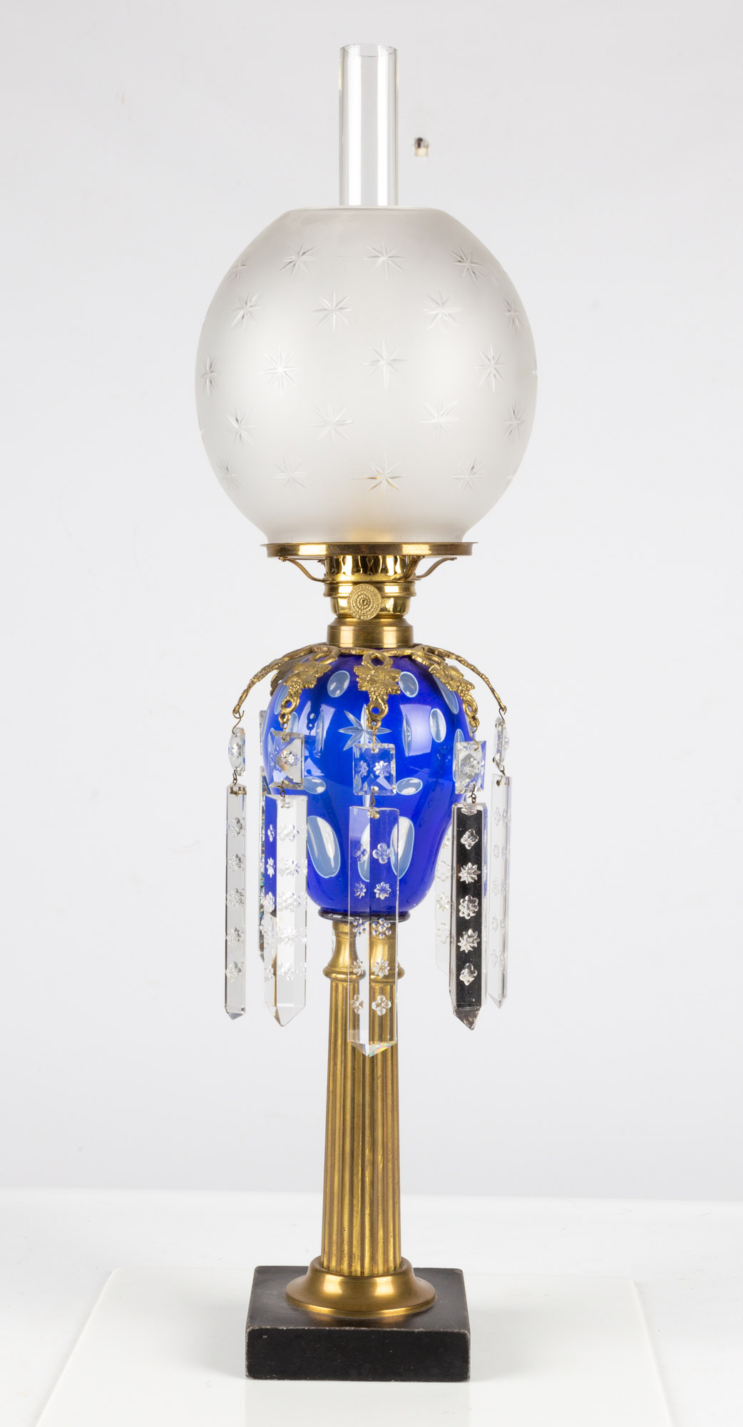 Appraisal: BLUE OVERLAY TRANSITION OIL LAMP circa blue cut to white