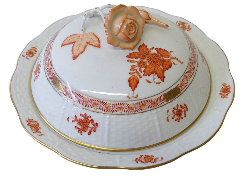 Appraisal: Herend Chinese Bouquet Rust Porcelain Lidded Tray Herend Chinese Bouquet