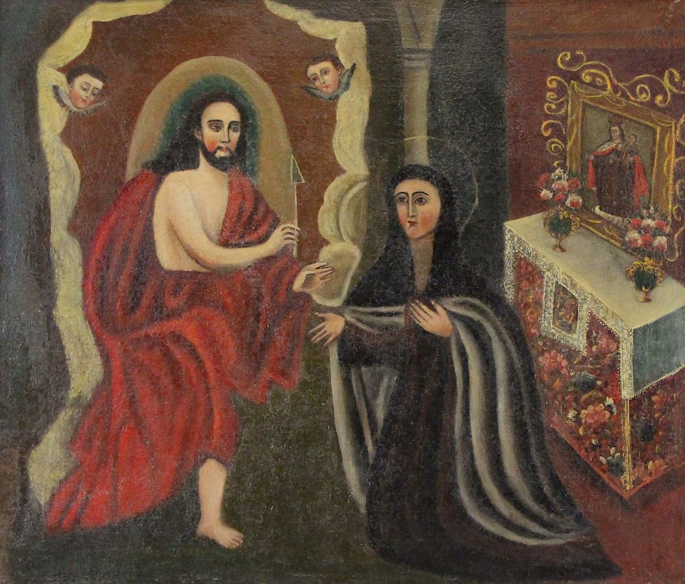 Appraisal: SPANISH COLONIAL SCHOOL th th CENTURY Oil on Canvas Religious