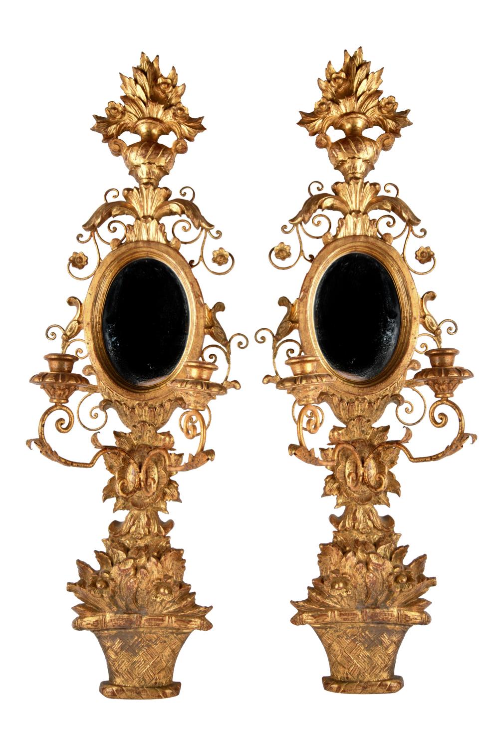 Appraisal: PAIR OF GILT WOOD GESSO SCONCESeach with two arms and