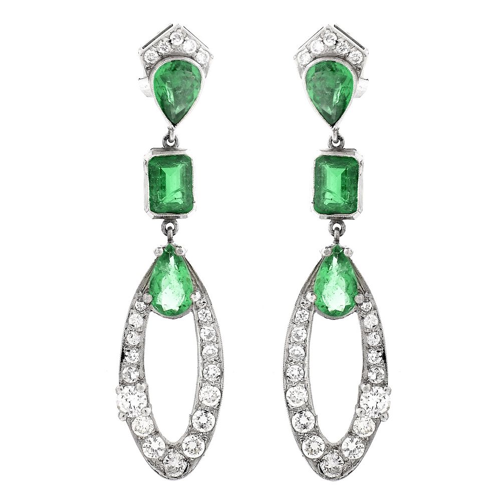 Appraisal: Art Deco Platinum Diamond and Emerald Earrings Circa s Art