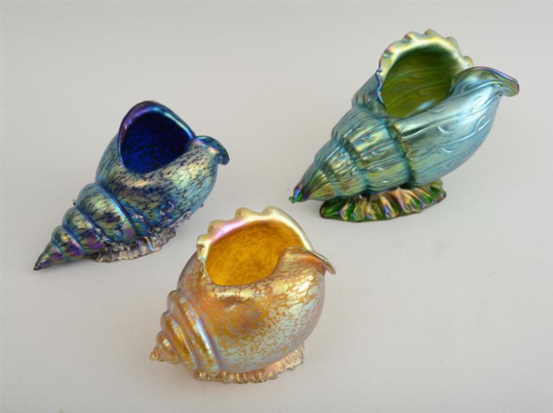 Appraisal: THREE LOETZ TYPE IRIDESCENT GLASS SHELL-FORM VASES x in Estimate