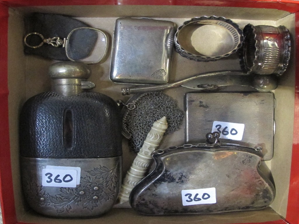 Appraisal: Box of miscellania - compact purse hip flask Bosun's whistle