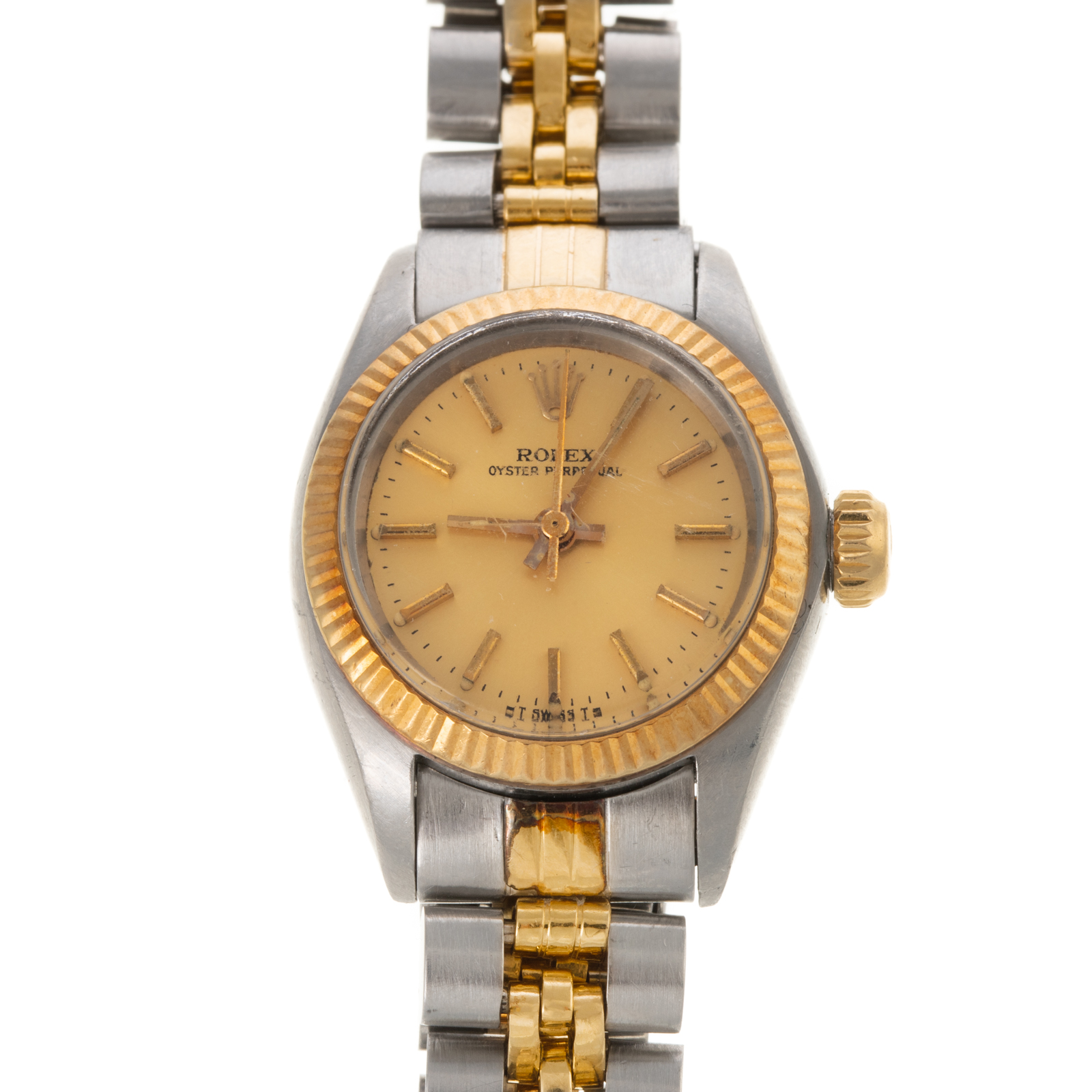 Appraisal: A TWO-TONE ROLEX OYSTER PERPETUAL WRIST WATCH Stainless steel and