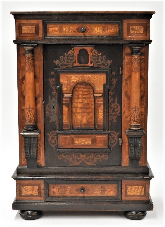 Appraisal: ENGLISH AESTHETIC DIMINUTIVE INLAID CABINET Europe C Two part cabinet