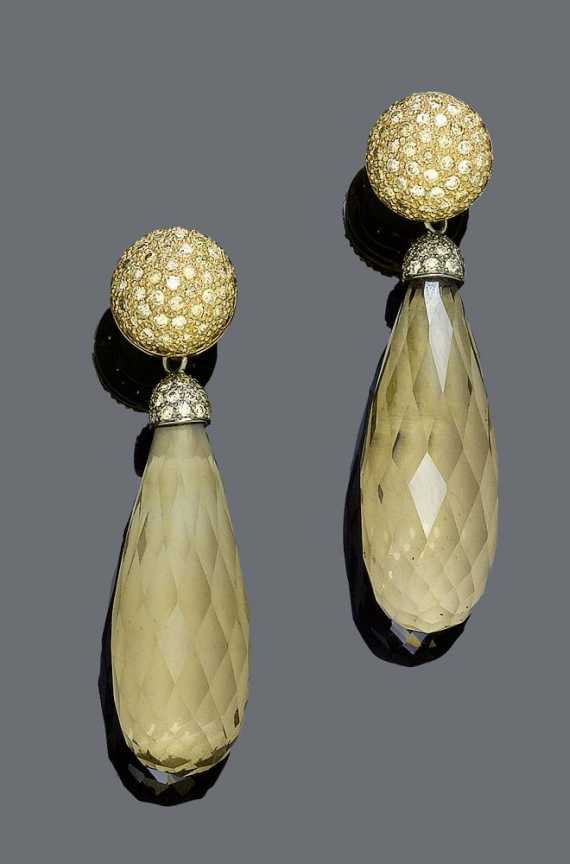 Appraisal: SMOKY QUARTZ AND DIAMOND PENDANT EARRINGS Pink gold and white