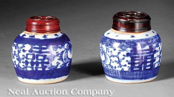 Appraisal: Two Chinese Blue and White Porcelain Jars th c squat