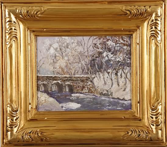 Appraisal: Winter scene with stone bridge oil on canvas x SLL