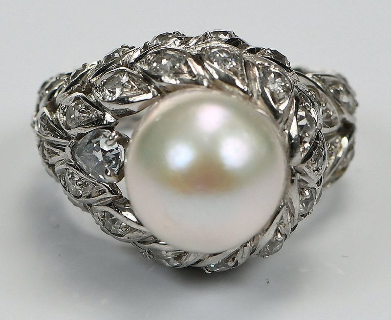 Appraisal: Platinum Diamond and Pearl Ring one button pearl approx mm