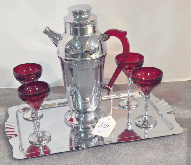 Appraisal: Mid-Century Cocktail ShakerTray and four stems Stems have a ruby