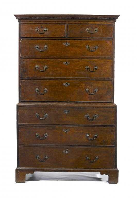 Appraisal: A GEORGE III OAK CHEST-ON-CHEST the dentil cornice above two