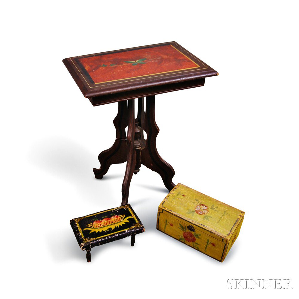 Appraisal: Three Paint-decorated Items th century a grain-painted stand with rectangular