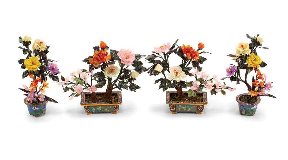 Appraisal: Two Pairs of Chinese Hardstone Trees Set in Cloisonne Enamel