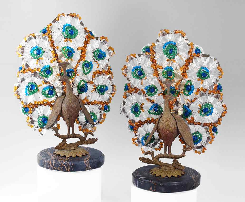 Appraisal: PAIR CZECH ART DECO PEACOCK LAMPS Signed ''Made in Czechoslovakia''