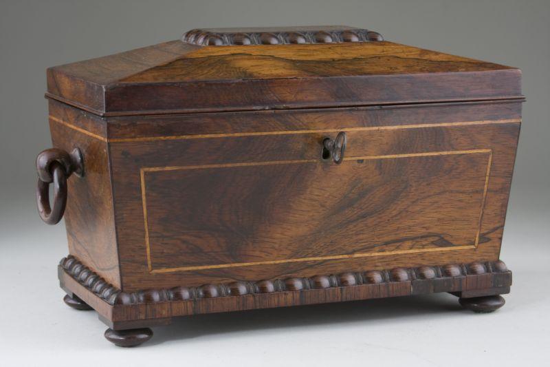 Appraisal: English Tea Caddy th century rosewood veneer with lightwood inlays