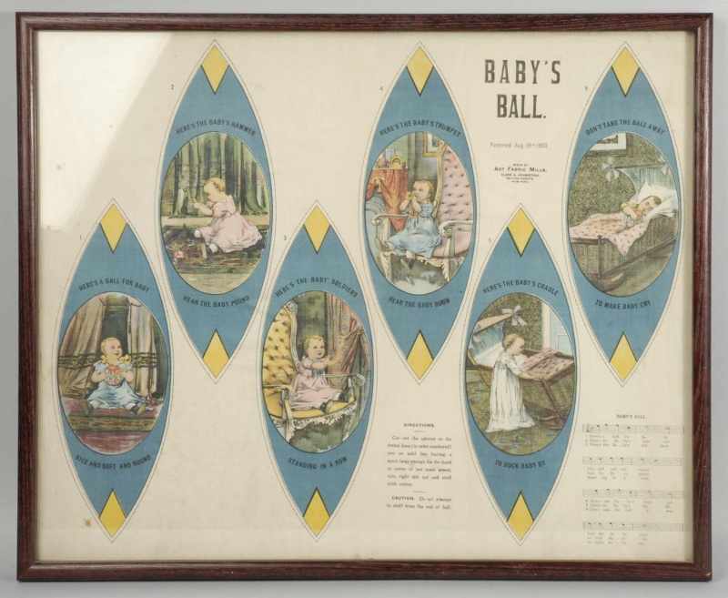 Appraisal: Framed Antique Cloth Sheet Baby's Ball Description Rare one patented